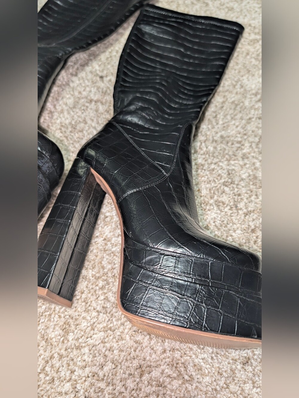 Black Croc-Embossed Platform Block Heel Boots - Women Size 6